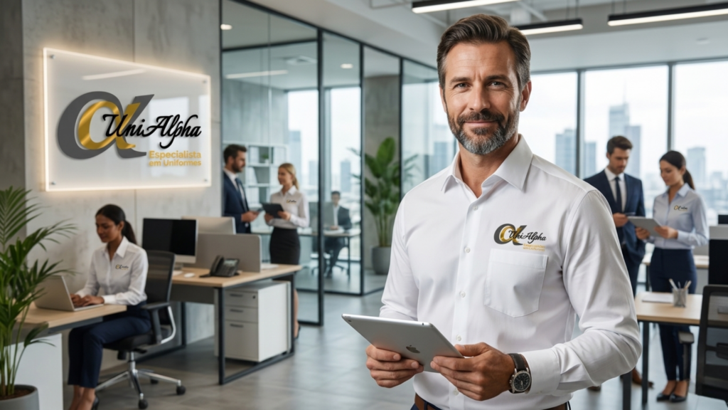 Empresário em ambiente corporativo usando uniforme empresarial personalizado — uniforme profissional para empresas em Sorocaba e região SP