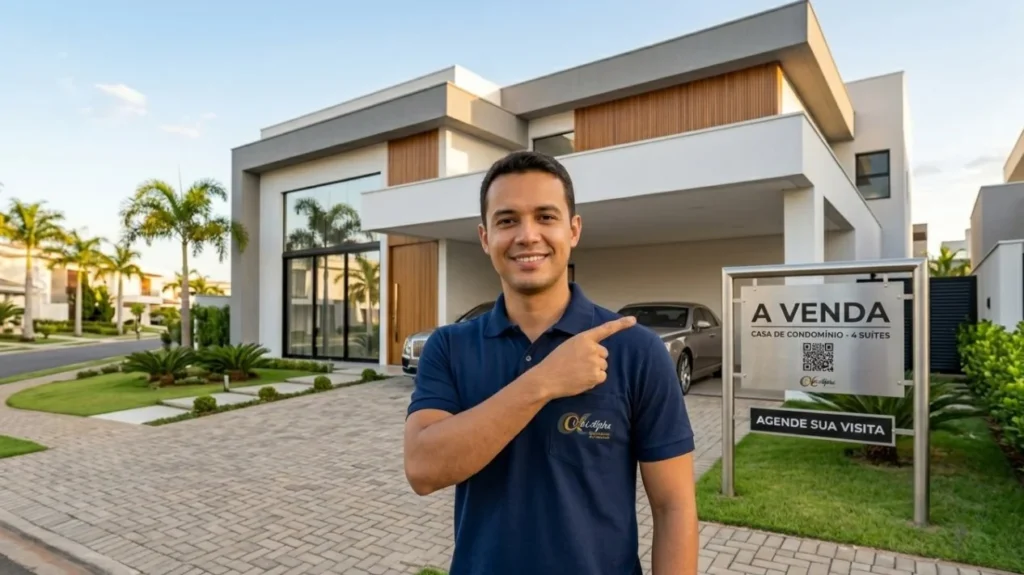 Corretor de imóveis usando camisa polo personalizada bordada UniAlpha Uniformes na frente de condomínio à venda Title: Camisa polo bordada para corretor de imóveis — UniAlpha Uniformes