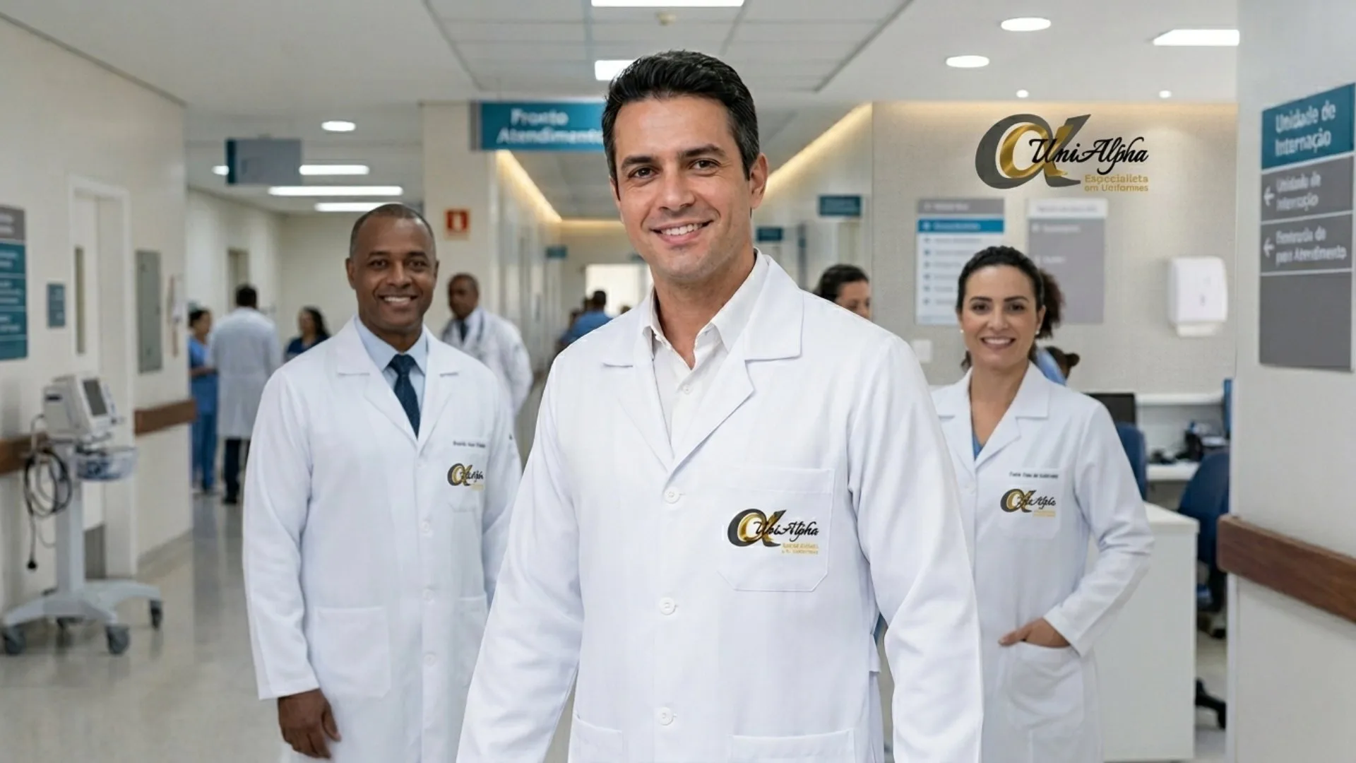 Equipe médica com jaleco branco personalizado UniAlpha em corredor hospitalar em São Paulo