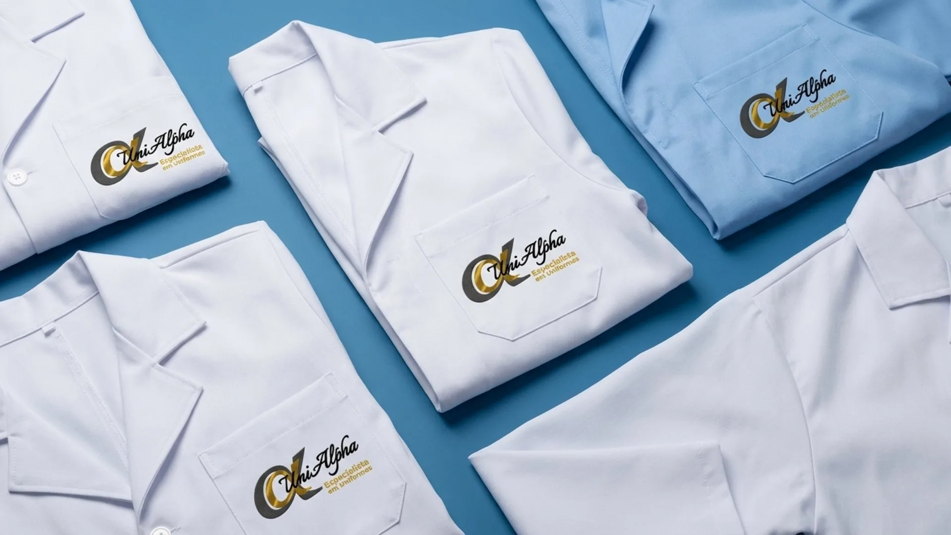 Kits de jalecos bordados UniAlpha para clínicas e hospitais – interior de São Paulo Jalecos hospitalares dobrados com bordado UniAlpha em azul e branco – kits para clínicas e hospitais em Sorocaba SP