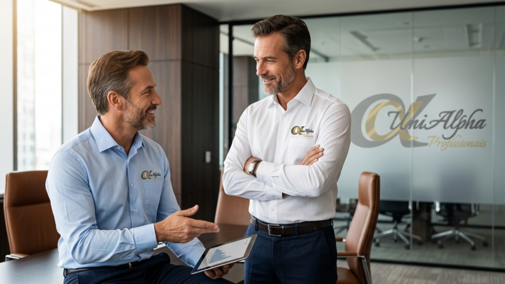 dois empresários usando camisa social personalizada para empresa no interior de São Paulo