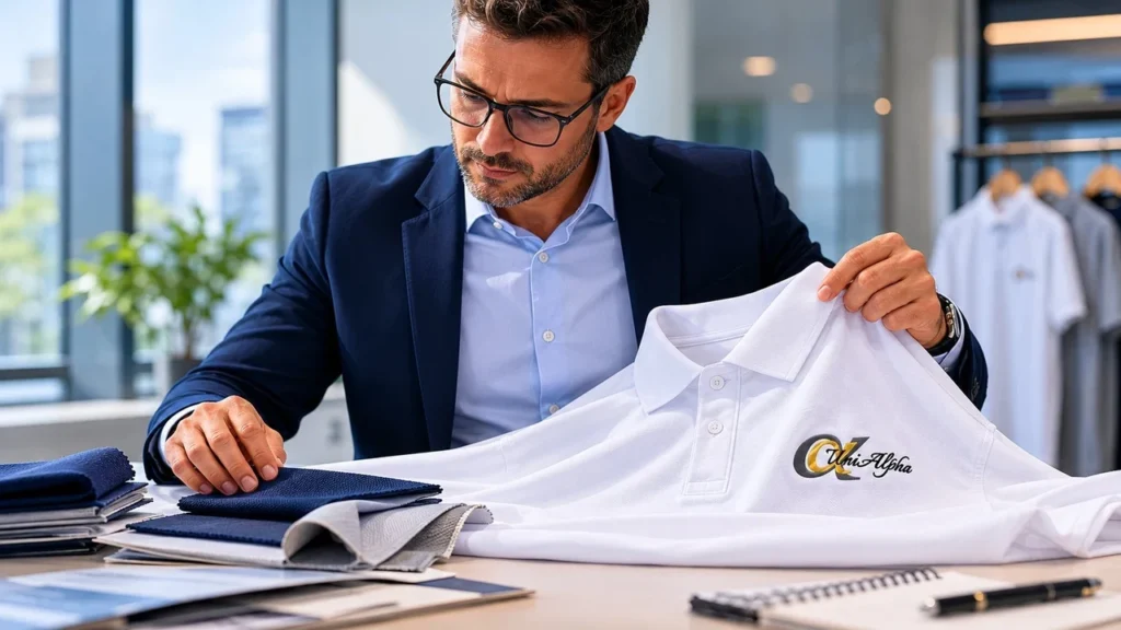 Gestor analisando camisa polo personalizada com bordado para uniforme de equipe corporativa - Especialista em Uniformes Sorocaba SP