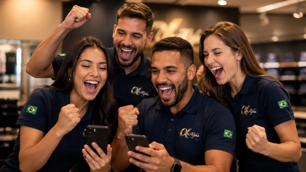 equipe uniformizada com polo navy personalizada comemorando gol da Copa 2026 — Especialista em Uniformes Sorocaba SP