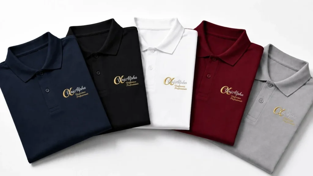 cinco camisas polo dobradas em cores variadas azul marinho preto branco bordô e cinza com bordado personalizado uniforme empresa Especialista em Uniformes Sorocaba