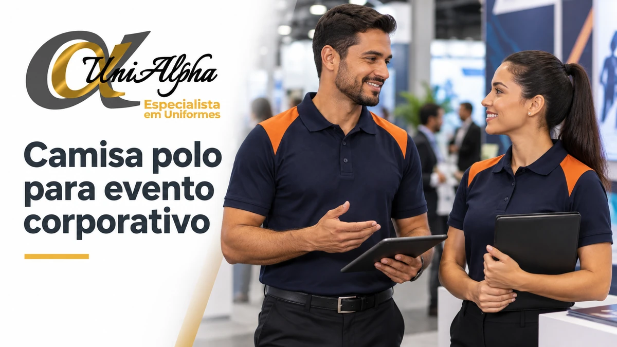 Camisa polo para evento corporativo: equipe com polos azul-marinho e recortes laranja, com marca UniAlpha.