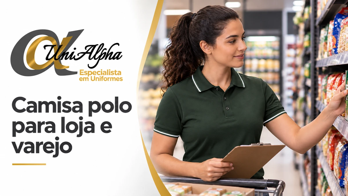 Camisa polo para loja e varejo: profissional com polo verde e detalhes brancos nas prateleiras, com marca UniAlpha.