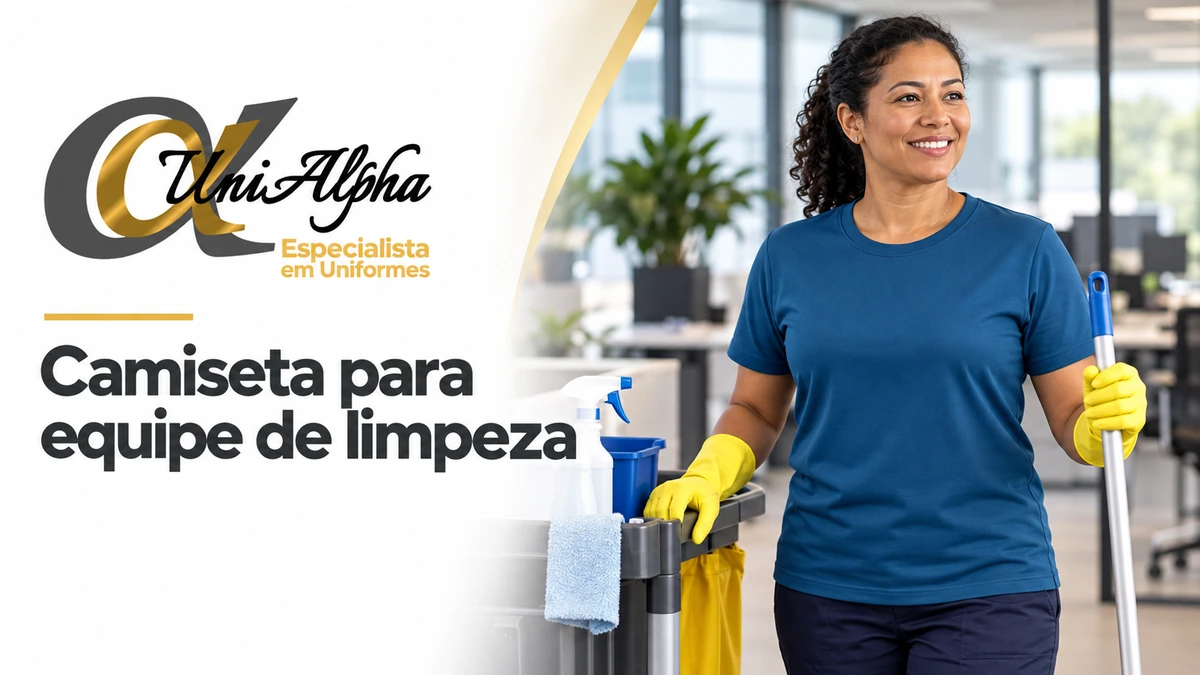 Camiseta para equipe de limpeza: profissional com camiseta azul e carrinho de materiais, com marca UniAlpha.